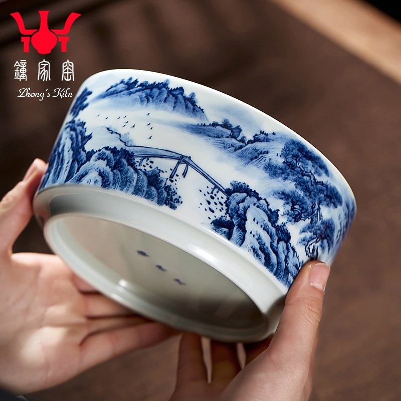 钟家窑陶瓷水洗景德镇柴窑青花手绘点工山水松亭观瀑直口茶洗配件