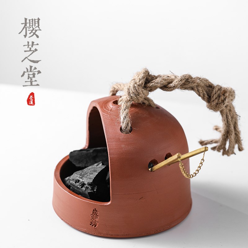 樱芝堂手工红泥炭盆炭炉装碳工具铜夹筷子茶馆碳篮子炭锤橄榄炭钵