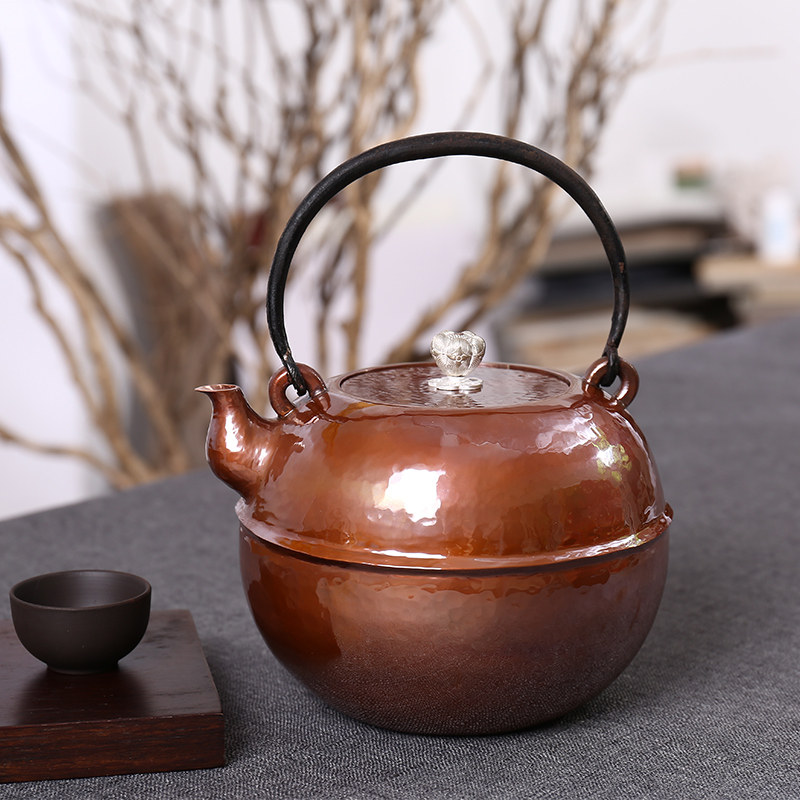纯手工一体锻打紫铜茶壶复古烤色镜面纯铜煮茶器男士生日礼物礼品