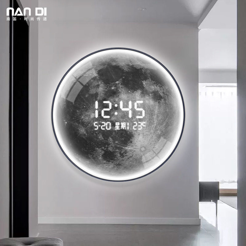 高级感圆形月球挂画电子钟表挂钟客厅2024新款玄关卧室装饰画时钟