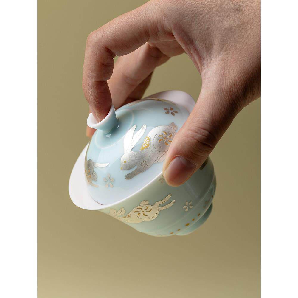 夫日作西子蓝家具银玉KYT兔二彩盖碗用高颜功茶茶碗女子品茶碗