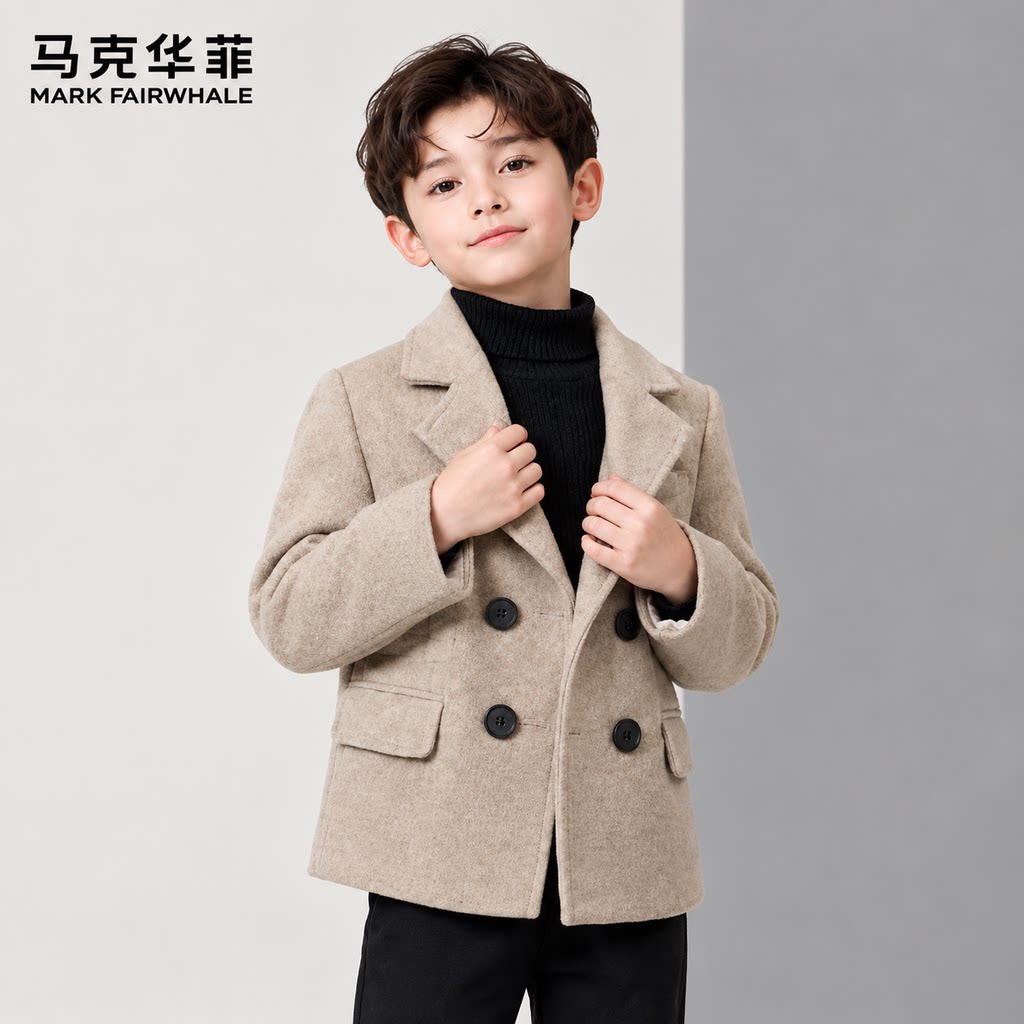 马克华菲儿童男童短款双排扣毛呢大衣男童秋冬加厚英伦风西装外套