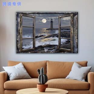 1pc Wooden Framed Canvas Painting Coastal Lighthouse帆布画