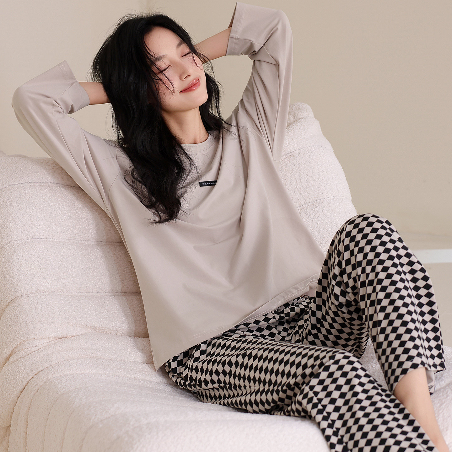 法式复古宽松纯棉女款长袖长裤睡衣ins风韩版简约显瘦家居服套装