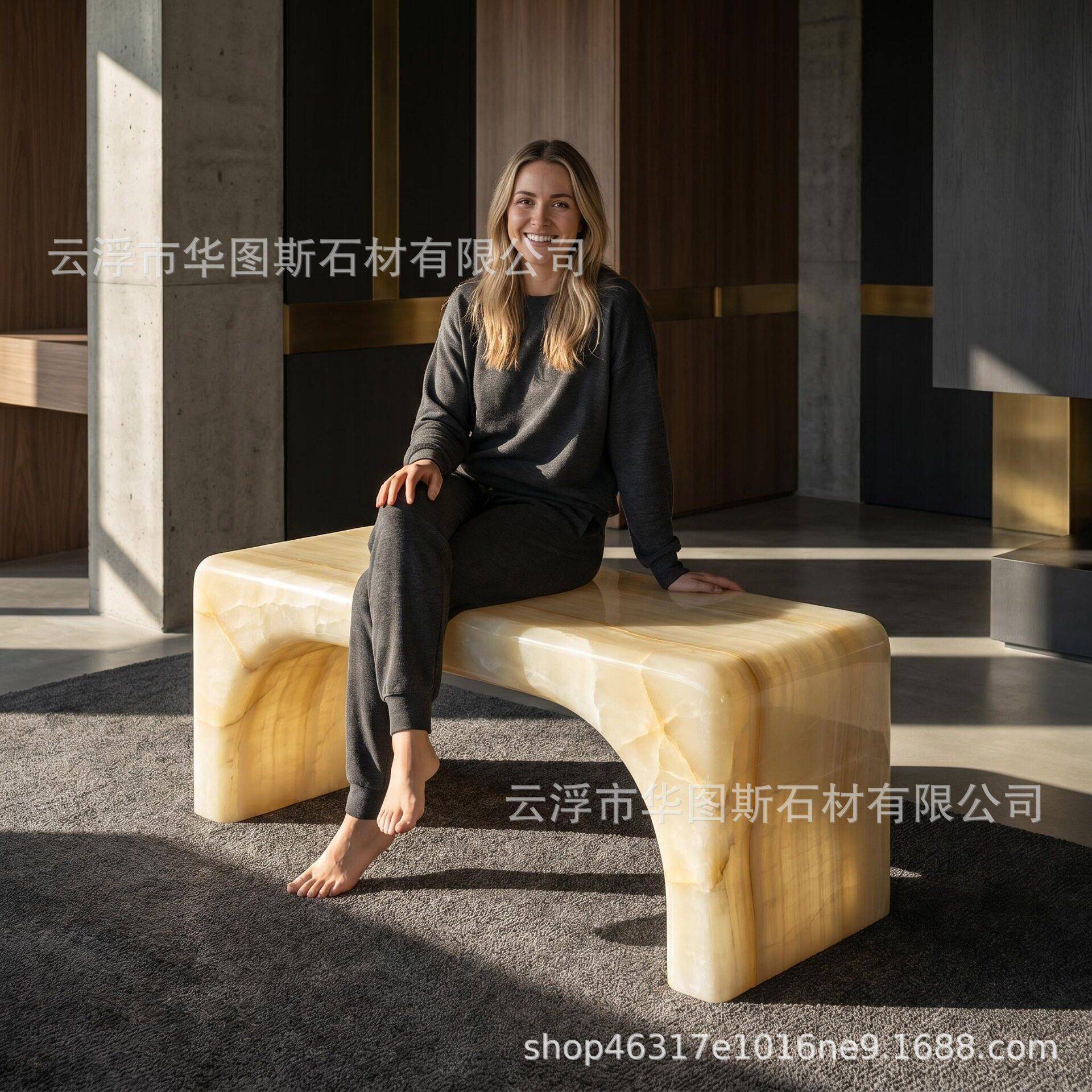 天然大理石奢石透光玉石黄纹凳子桌面茶几整石打磨源头厂家透光石