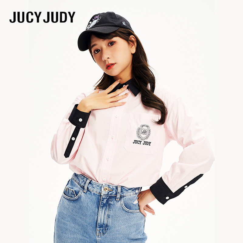 JucyJudy2023秋季新款设计感别致绣标时尚翻领开杉上衣长袖衬衫