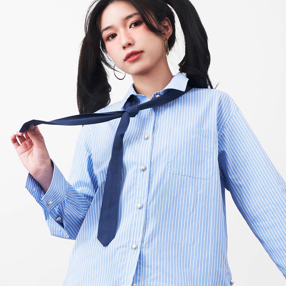 jucyjudy宽松BF条纹时尚衬衫2023年春夏新款女士长袖上衣休闲衬衣