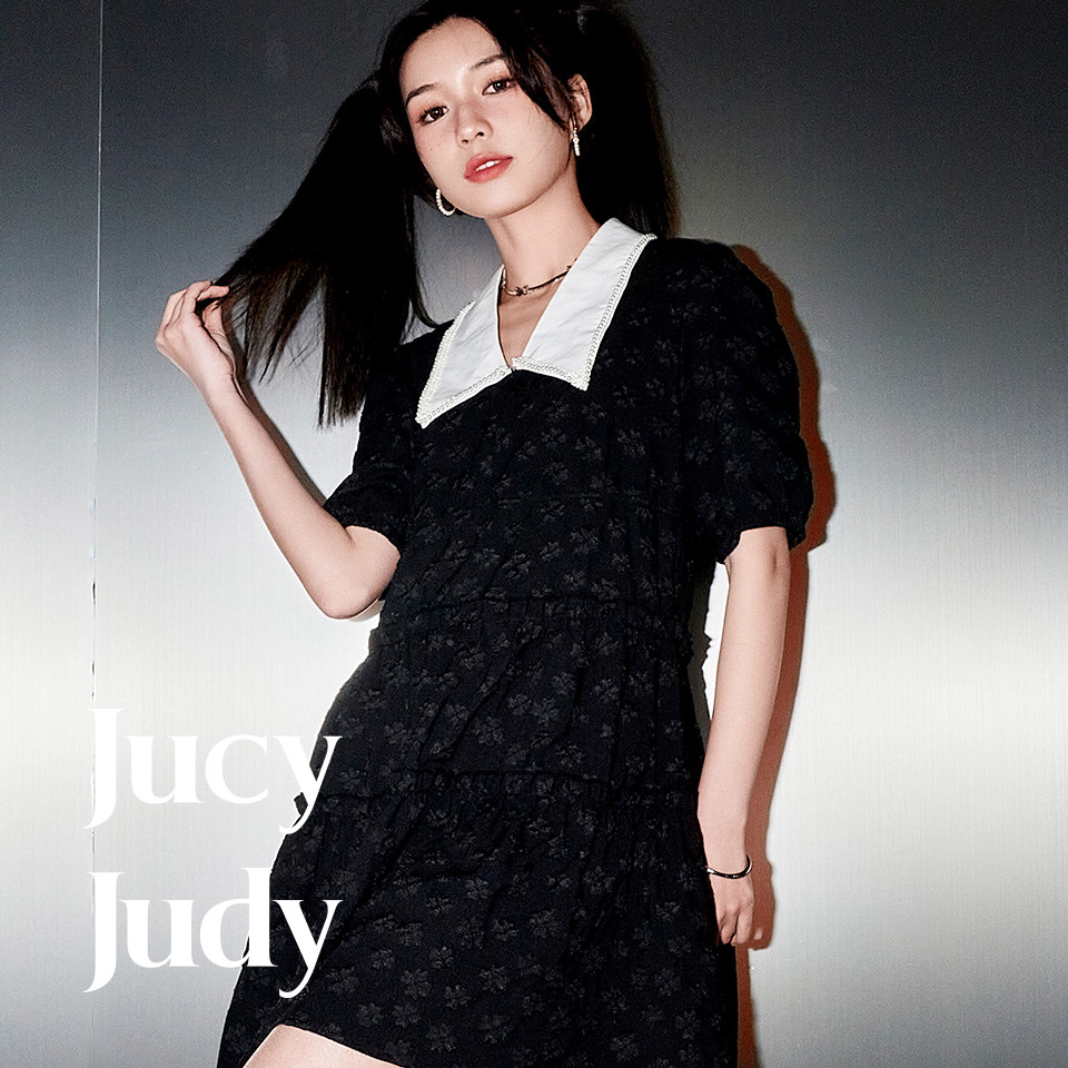 JUCYJUDY娃娃领短袖连衣裙 2023夏季新款提花时尚修身5分袖长裙子
