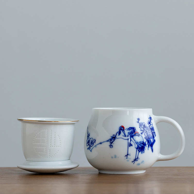 陶瓷泡茶杯青花瓷带盖过滤茶水分离杯办公室杯子喝茶杯花茶滤茶杯