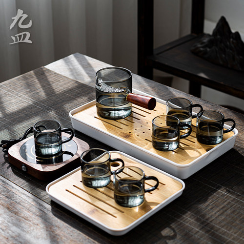 九皿玻璃公道杯家用绿茶泡茶器防烫侧把公杯茶漏一体过滤分茶器