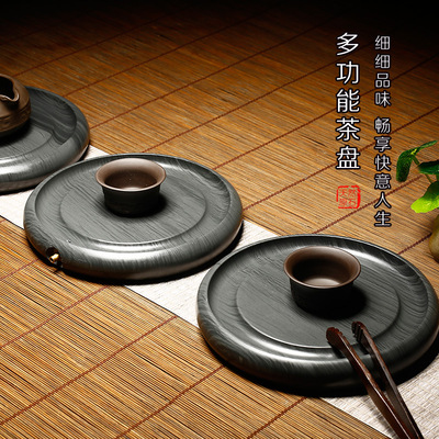 万石君/歙砚水波纹茶托砚原石砚台多功能圆砚迷你茶盘茶海砚石茶