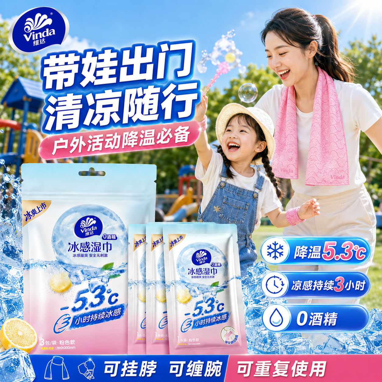 维达冰感毛巾降温去汗湿纸巾
