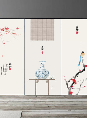 新中式禅意荷花花鸟门贴纸整张饭店餐厅茶室装饰贴画衣柜门玻璃贴