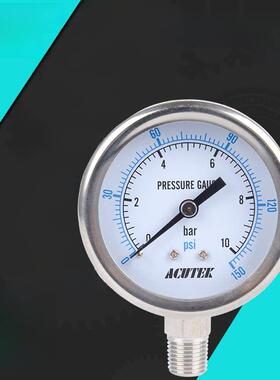 acacutek 304不锈钢压力表Y60Bf 10Bar Pt1/4蒸汽耐高温氨压力表