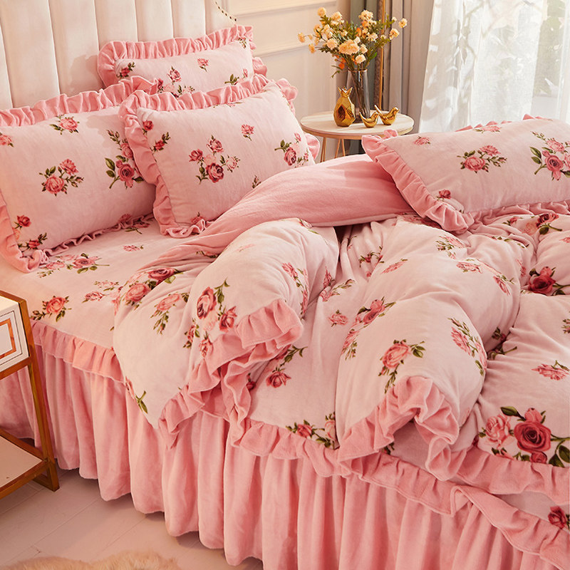 秋冬季加厚被套单件田园风公主双面加绒珊瑚绒保暖花边被罩