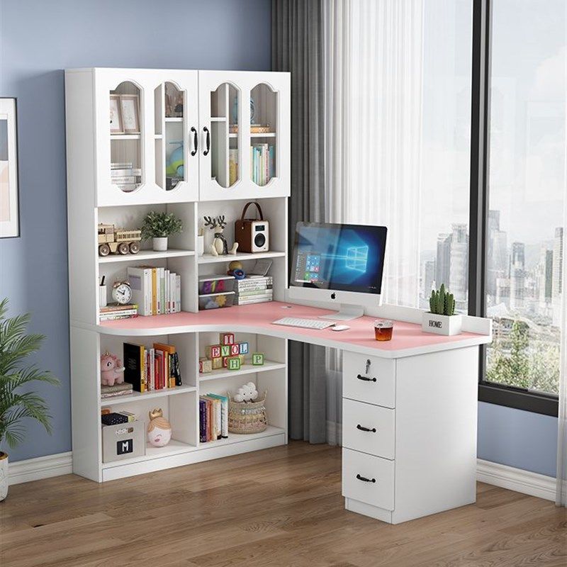 实木转角电脑桌书桌书架组合台式写字桌带书柜家用儿童卧室学习桌