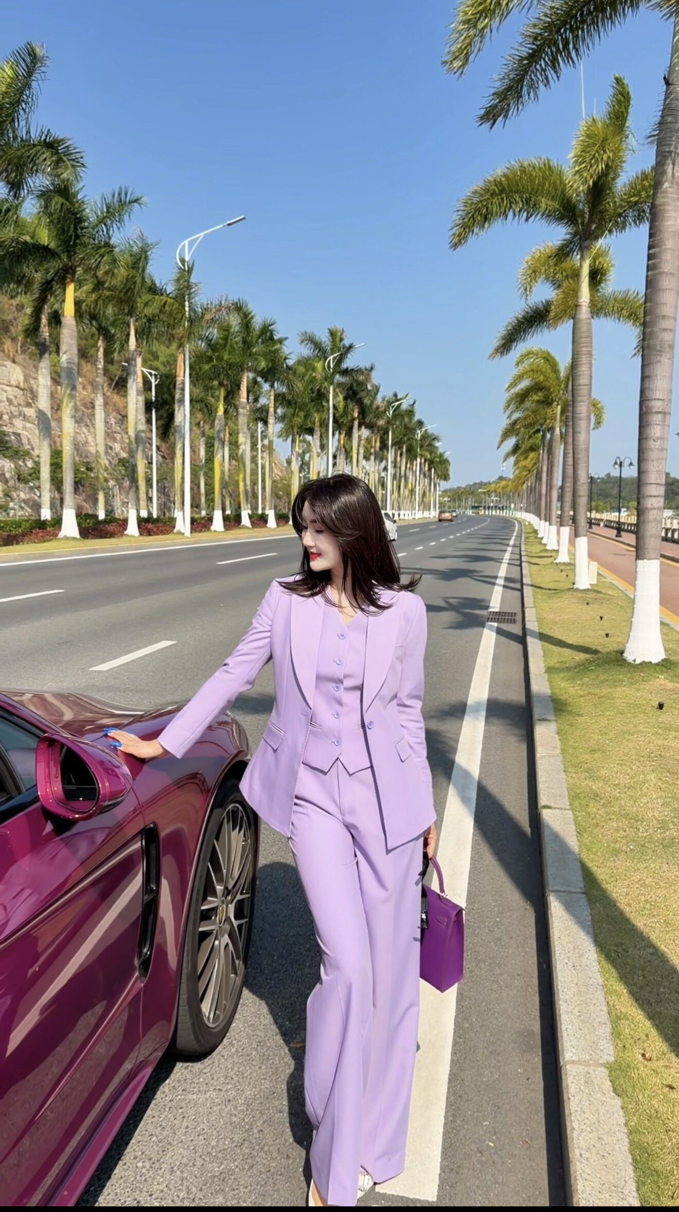 春季香芋紫显瘦直筒西装三件套