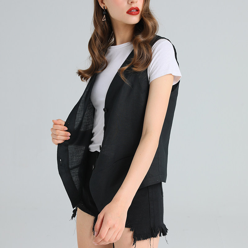 简约风黑色女中长款宽松马甲