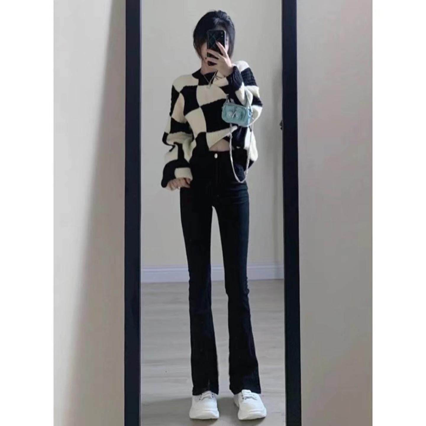微喇牛仔裤女2026年新款春秋款高腰显瘦紧身小个子黑色马蹄喇叭裤