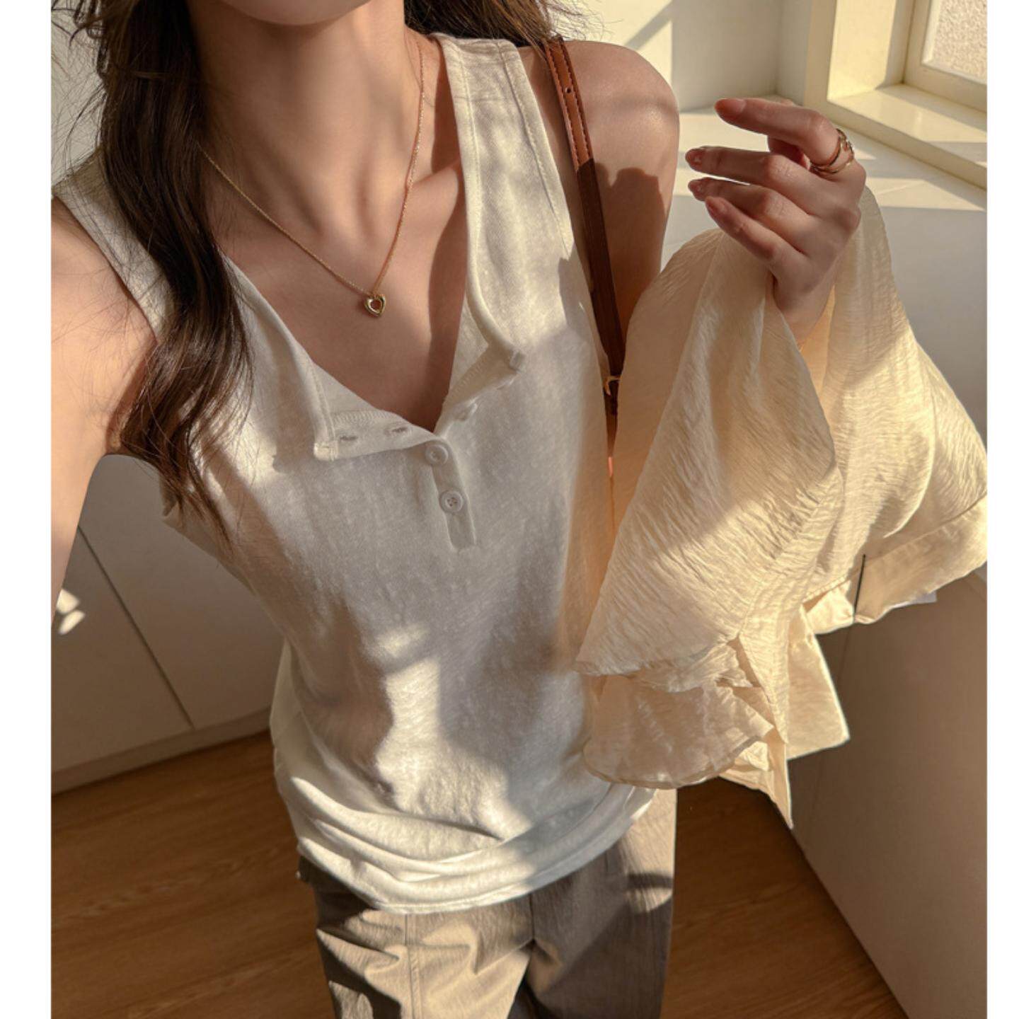 慵懒风宽松大版型百搭打底小背心士女内搭袖吊带可外穿纽扣上衣