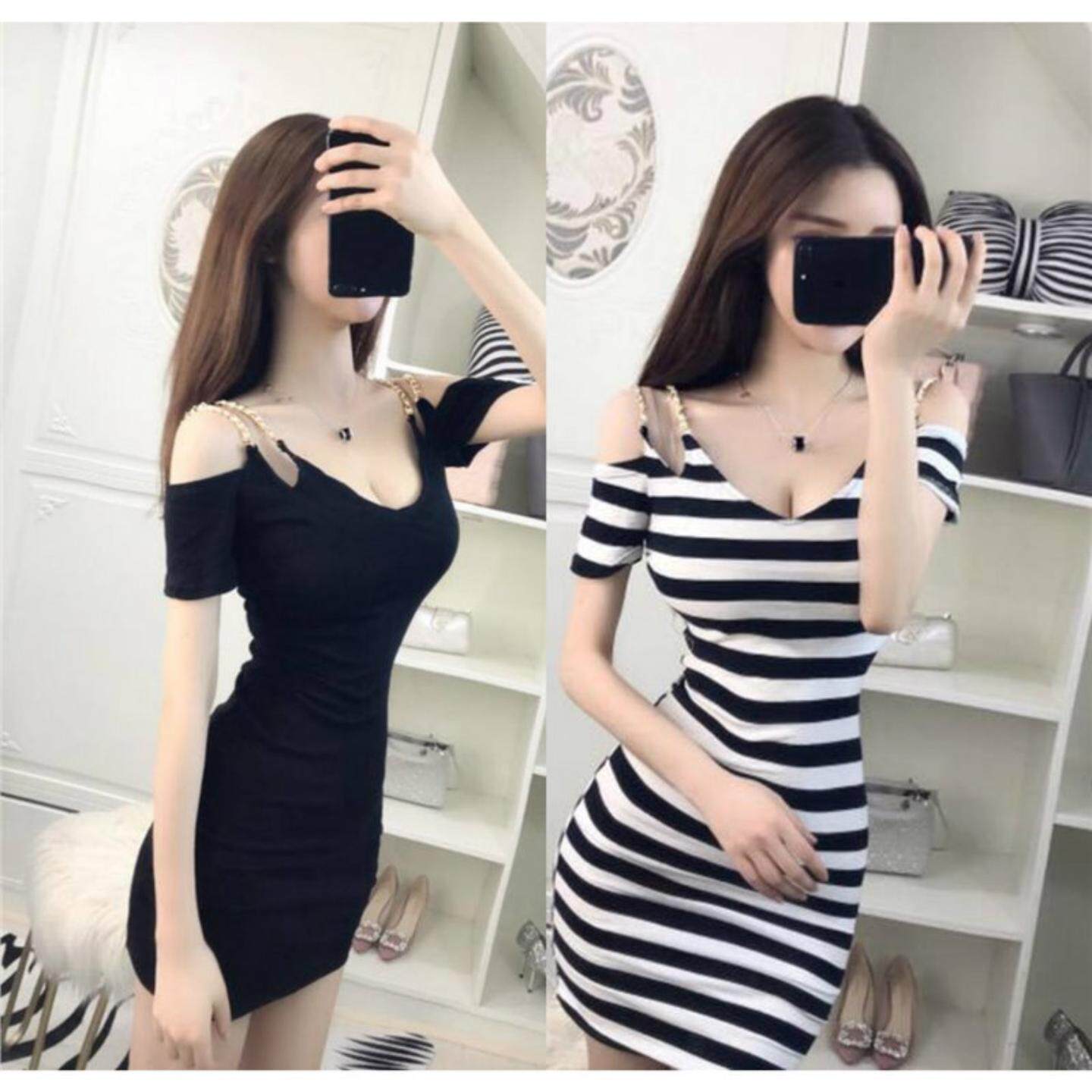 裙子夏夜场女装新款韩版气质修身显瘦条纹露肩短袖包臀连衣裙