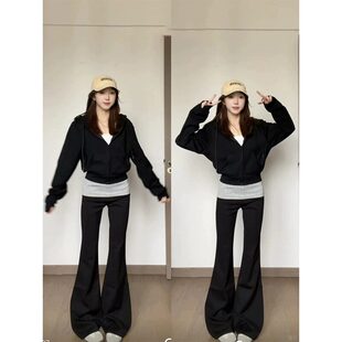 黑色短款连帽正肩卫衣外套女秋季2025新款小个子早秋韩系穿搭上衣