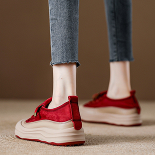 真皮爆款运动休闲女鞋子头层牛皮复古红色懒人一脚蹬软底防滑板鞋