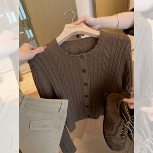 咖色复古针织开衫毛衣女款2026年新款春季韩系穿搭冬装设计感上衣
