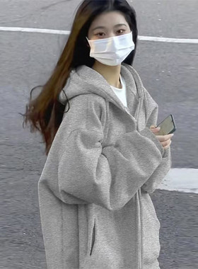 灰色bm即墨卫衣初中生外套女春秋款2025新款重磅连帽加绒加厚开衫