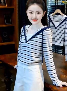假两件条纹连帽长袖t恤女款2026春季新款韩版慵懒风休闲显瘦上衣