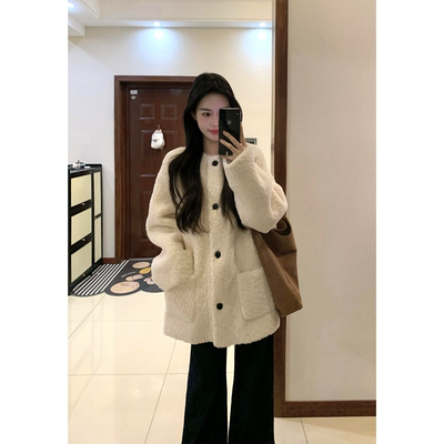 白色羊羔毛毛绒外套女秋冬季毛毛茸茸加厚大衣韩系皮毛一体小香风