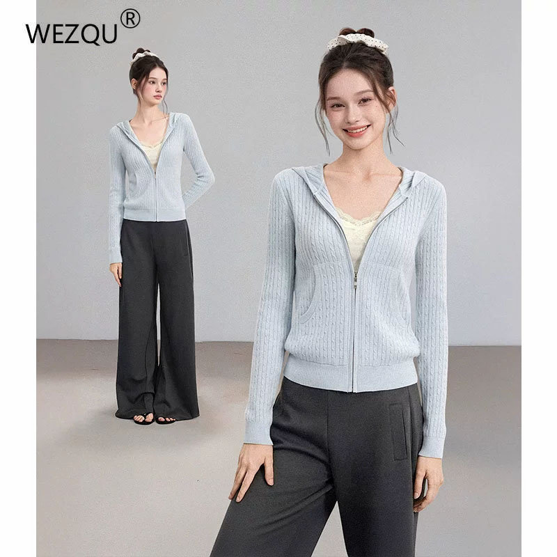 蓝色拉链连帽长袖针织外套女2026