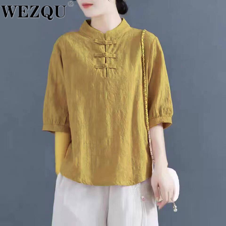 WEZQU官方正品亚麻盘扣立领上衣