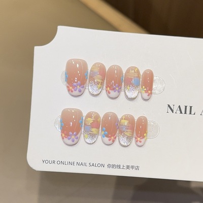 法式花廊猫眼手工短款美甲