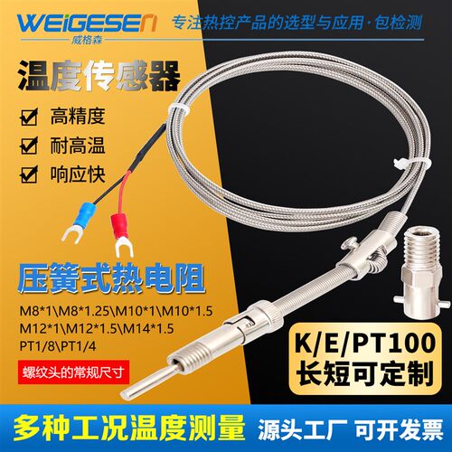K型E型热电偶Pt100压簧式热电阻高精度温度探头传感器感温线