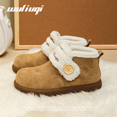 巫六七印花魔术贴短靴女2025冬季加厚加绒羊羔毛棉鞋可爱纯色女鞋