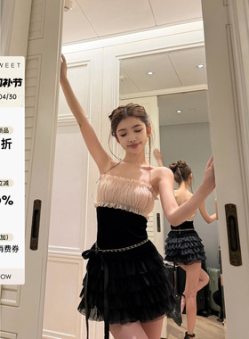 paosweet 时髦精 可拆卸袖套设计感小众复古芭蕾风撞色拼接抹胸