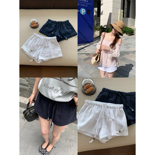 paosweet 轻氧随行 2026夏季百搭小A高腰显瘦抽绳苎麻休闲短裤女