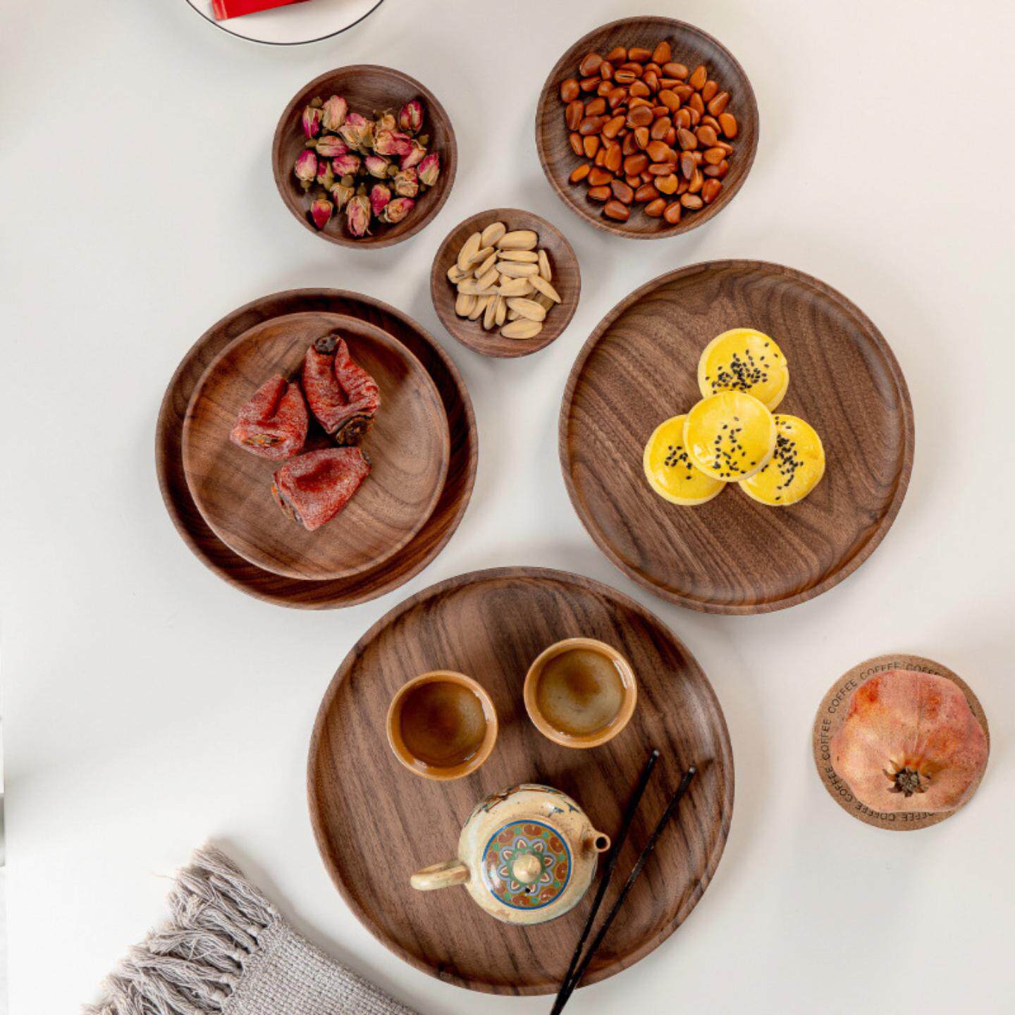 直销北美黑胡桃木圆形碟子水果干果盘咖啡木盘子点心木质盘子