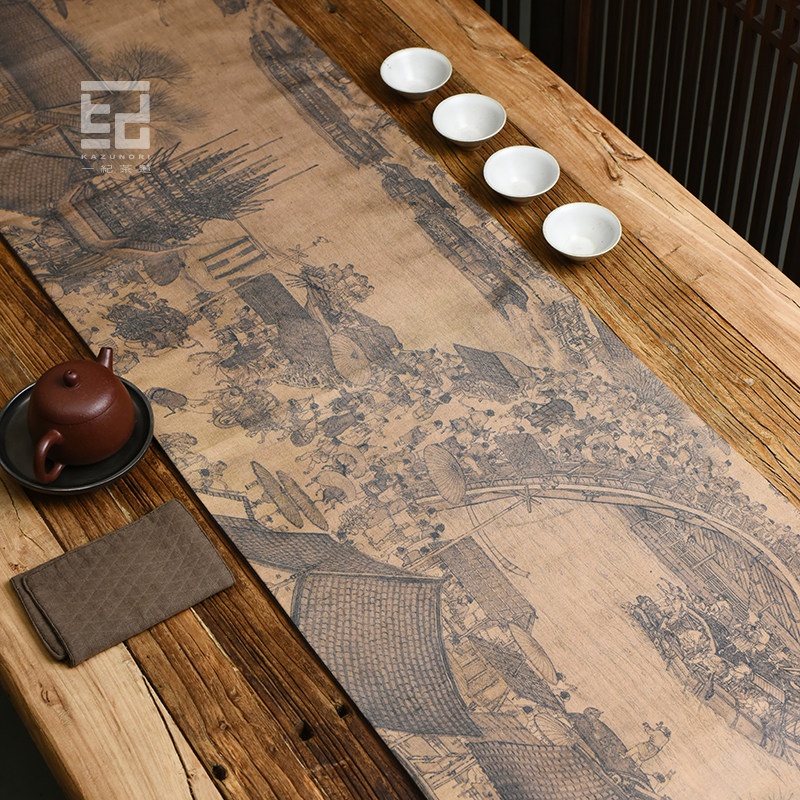 一纪复古经典名画中国风棉麻茶席千里江山图古画茶垫桌旗茶布茶配