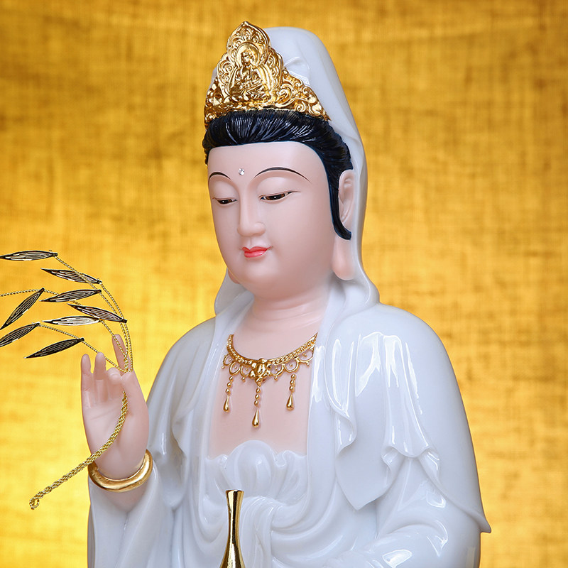石雕汉白玉观音菩萨佛像娑婆三圣坐像摆件家用供奉摆件观世音佛像