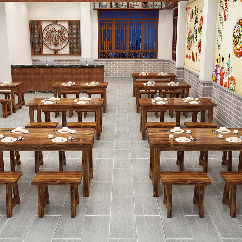 实木饭店桌椅组合早餐小吃店面馆快餐桌椅烧烤店桌子餐馆碳化桌椅