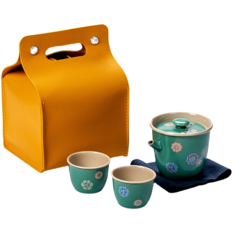 雅致皮球花旅行茶具陶瓷快客杯一壶二杯户外便携茶具简约套装