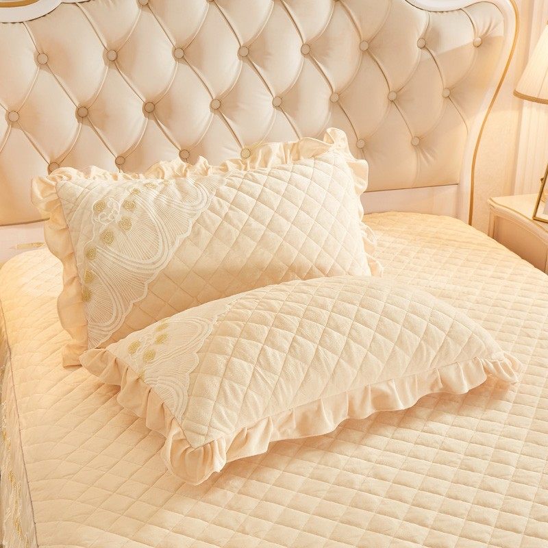 冬季加厚夹棉蕾丝水晶绒枕套一对装法兰绒珊瑚绒花边枕头套