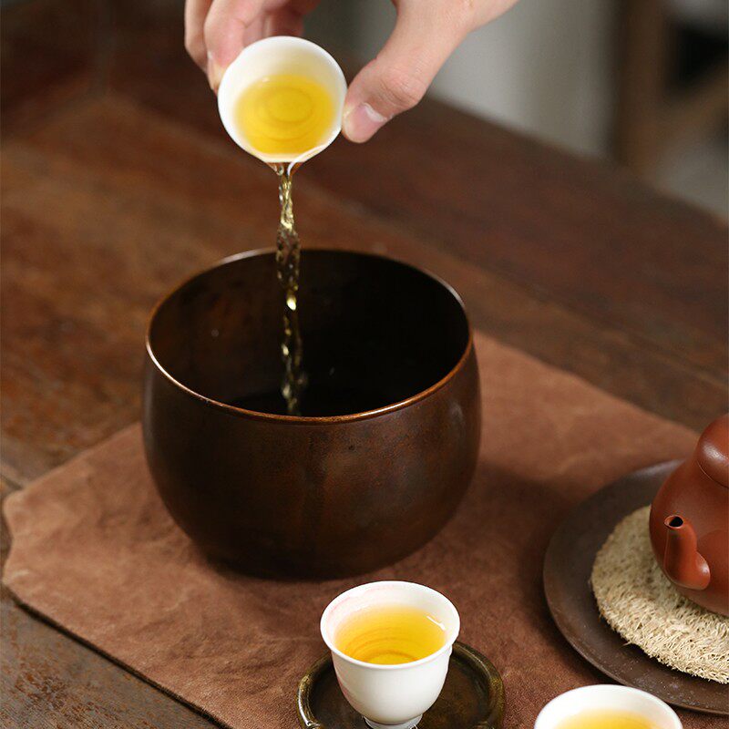 中式手工复古铜建水茶洗笔洗水洗水盂干泡台茶台茶渣桶茶道配件