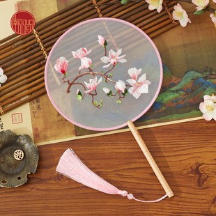 古风玉兰花刺绣粉色团扇双面绣花扇子夏半透长柄舞蹈古装汉服圆扇