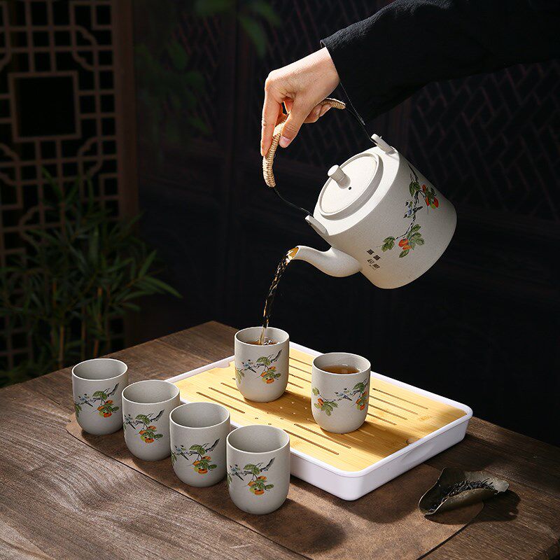 家用陶瓷茶壶古韵粗陶提梁壶酒店餐馆大容量茶壶泡茶器带滤网凉水