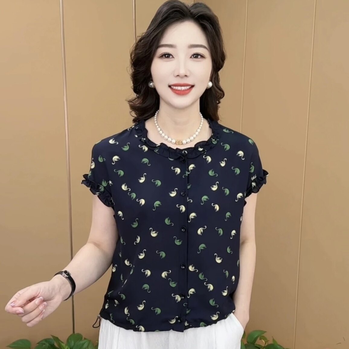 中老年女透气薄款晕染花两件套