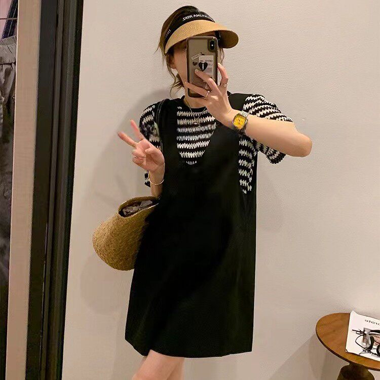 夏季显瘦条纹T恤背带裤两件套