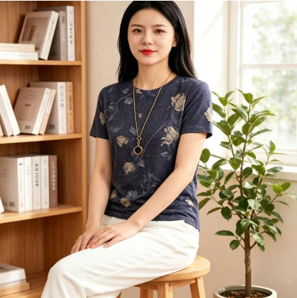 中老年女夏季薄款印花短袖T恤